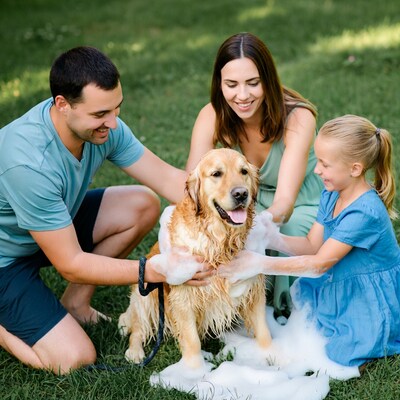 Family washing golden retriever in grass
