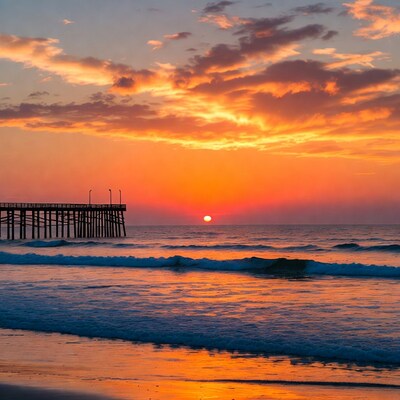 Sunset over pier and ocean waves