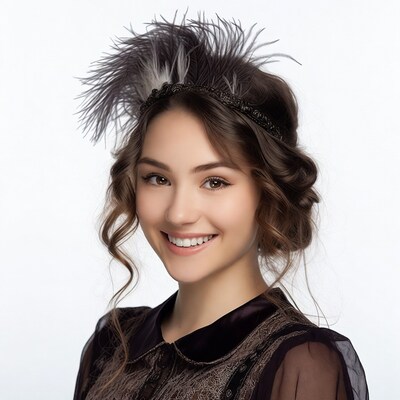 Smiling woman in feathered headband