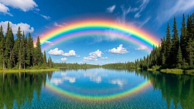 Rainbow over lake with pine trees