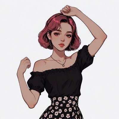 Anime girl with pink bob haircut posing