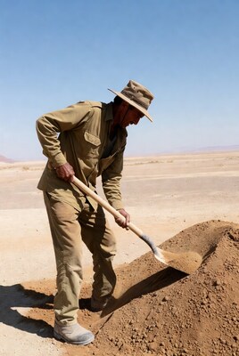 Man digging dirt in desert