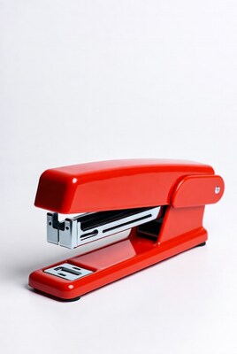 Red stapler on white background