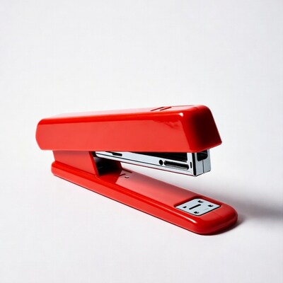 Red stapler on white background