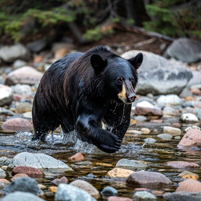 Black bear wading in river