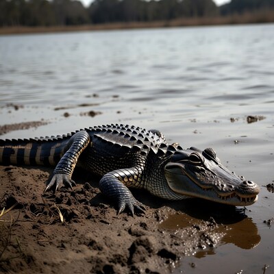 Alligator on muddy shore by lake