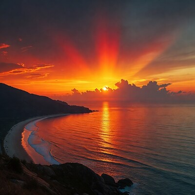 Sunrise over beach with mountains