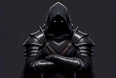 Armored hooded man with arms crossed