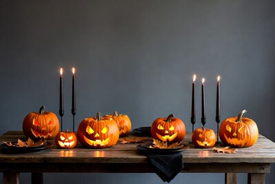 Jack-o'-lanterns on wooden table