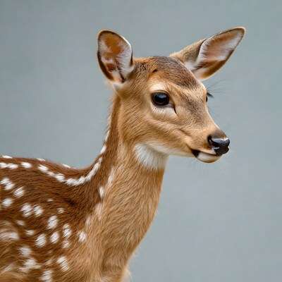 Baby fawn profile on gray background
