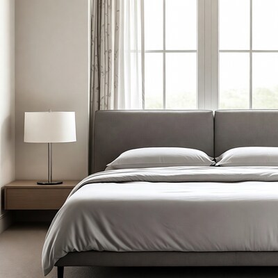 Modern Gray Bed with White Lamp