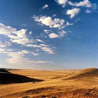 Vast golden prairie under blue sky