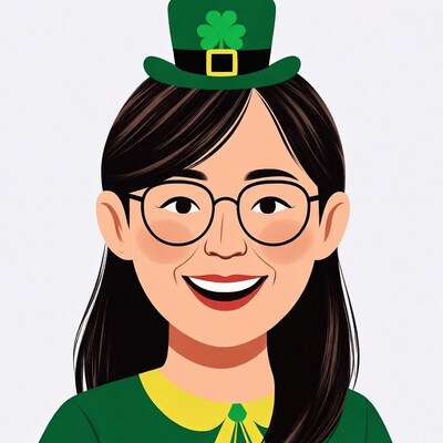 Asian woman in shamrock hat smiling