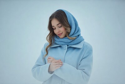 Woman in blue coat and scarf