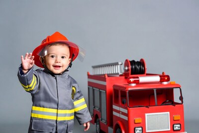 Baby boy waving in firefighter costume