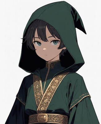 Anime boy in green hooded robe