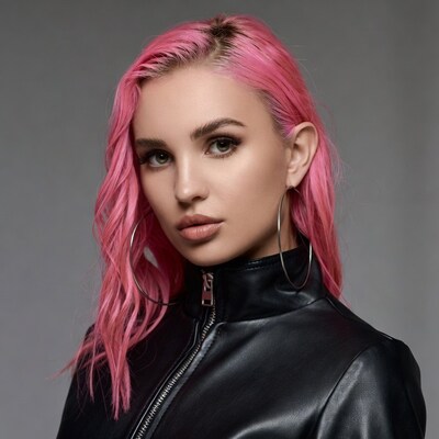 Woman with pink hair in leather jacket