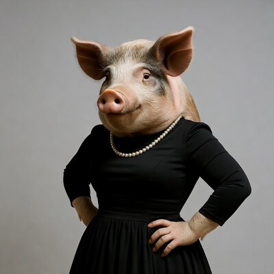 Pig in black dress with pearls