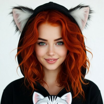 Redhead woman in cat ear hoodie