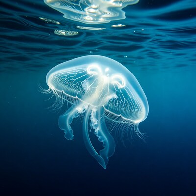 Translucent Jellyfish in Deep Blue Ocean