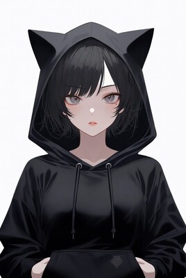 Anime girl in black cat ear hoodie