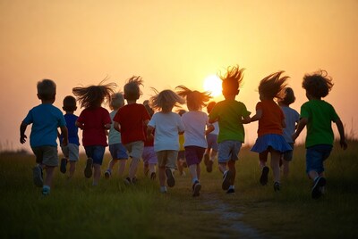 Children running towards sunset