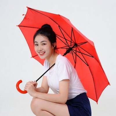 Asian girl holding red umbrella