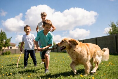 Boys playing fetch with Golden Retriever