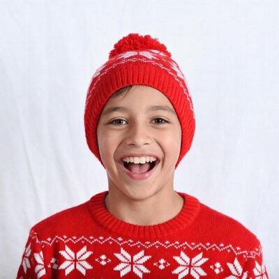Boy smiling in red Christmas hat