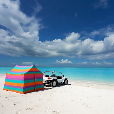 Colorful Striped Beach Tent and Dune Buggy