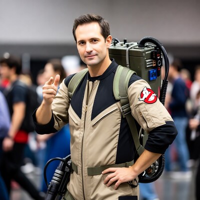 Man in Ghostbusters costume pointing at convention