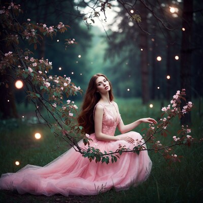 Redhead woman in pink gown with cherry blossoms
