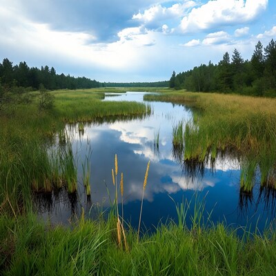 Marsh with reeds reflecting blue sky