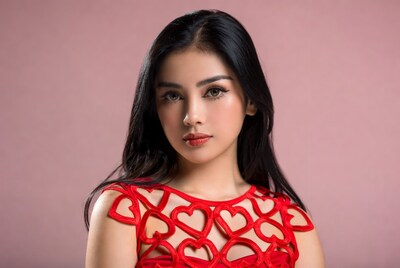 Asian woman in red heart dress