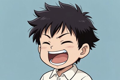 Anime boy laughing happily