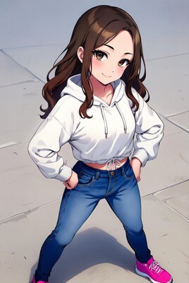 Anime girl in white hoodie and jeans