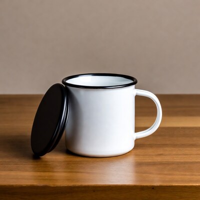 White enamel mug with black lid