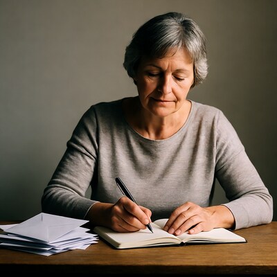 Elderly woman writing in notebook