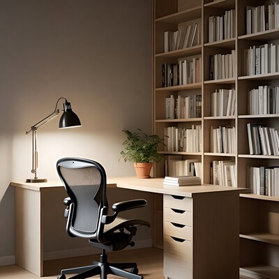 Modern home office desk with bookshelves