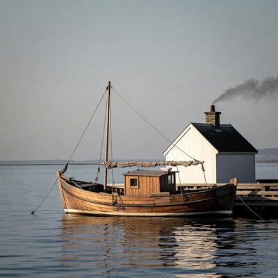 Wooden boat docked at pier with cabin