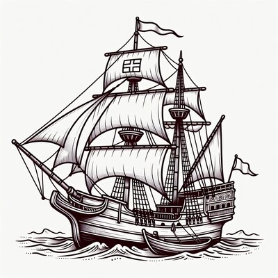 Sailing Ship on Waves Illustration