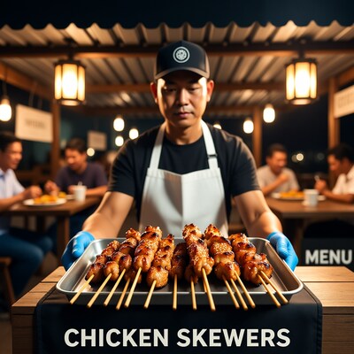 Asian man serving chicken skewers