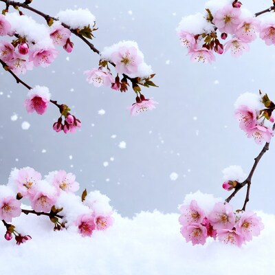 Snow-Covered Pink Cherry Blossoms
