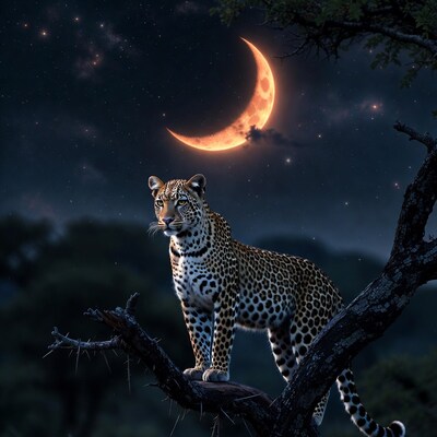 Leopard on tree under crescent moon