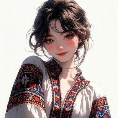 Asian woman in embroidered blouse