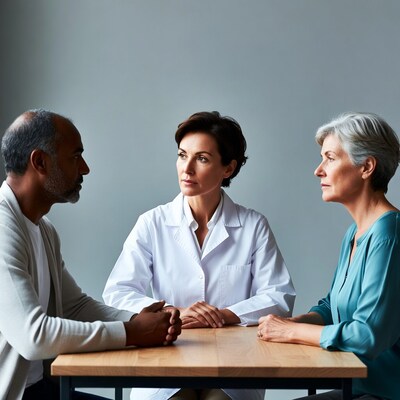 Doctor with elderly couple at consultation