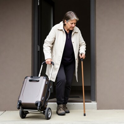 Elderly woman with suitcase and cane at door
