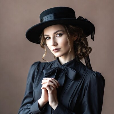 Woman in black hat with clasped hands