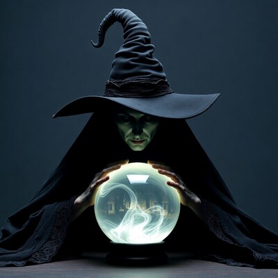 Witch gazing into glowing crystal ball
