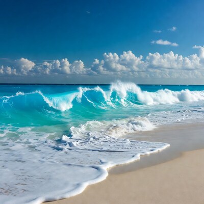 Turquoise Waves Crashing on Sandy Beach